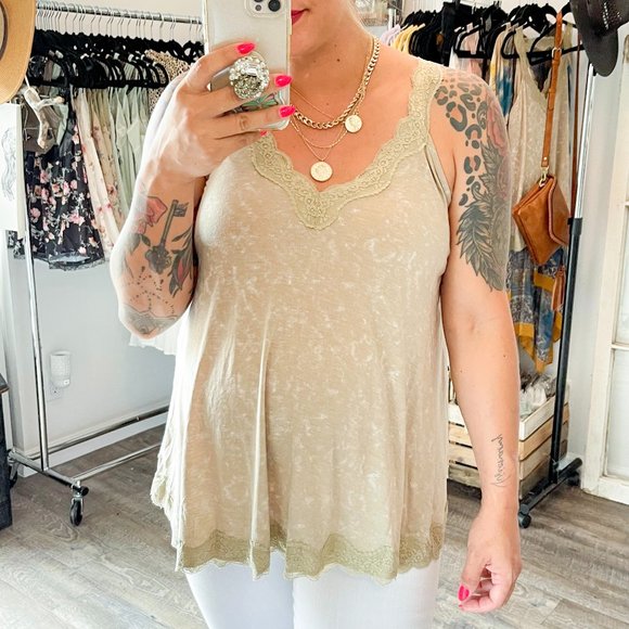 TAN Flowy Vintage Wash Lace Tank Tops - Picture 3 of 6